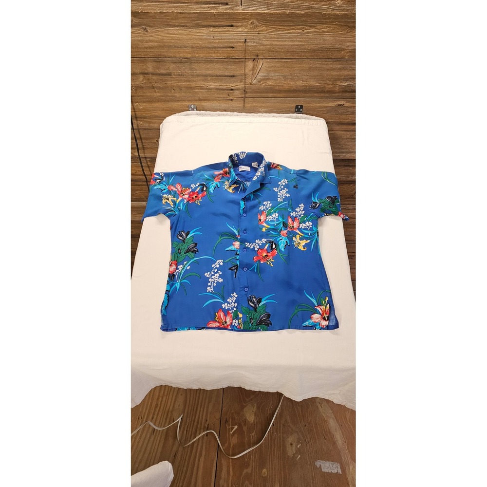 Islander Men Blue Tropical Floral Rayon Hawaiian Shirt Short Sleeve Large